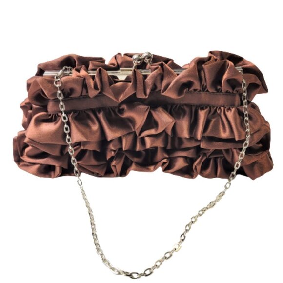 Chocolate Brown Satin Ruffle Evening Clutch Purse - Picture 1 of 8